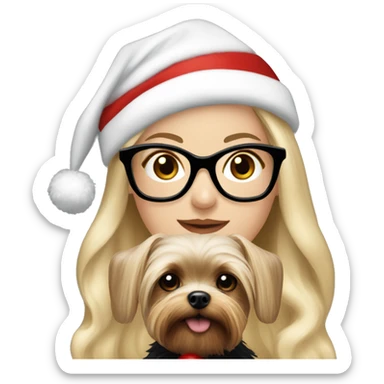 Beautiful white woman, long blonde hair and black glasses wearing a santa hat holding Yorkshire terrier sticker