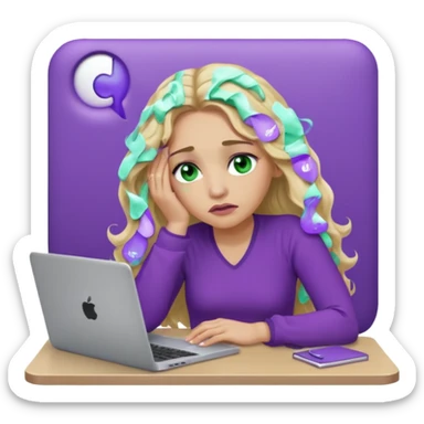 lady with long wavy blonde hair, purple top, green eyes, elbow on desk with hand on face, with a purple mac laptop tears rolling down her face as shes sick. sticker