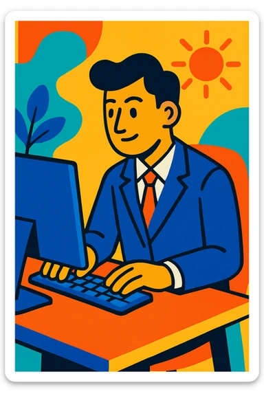 A person in a business suit working on a computer sticker