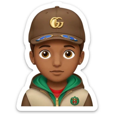 Brown-skinned boy wearing a Gucci cap sticker