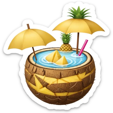 A tropical cocktail served in a coconut shell with a mini umbrella and pineapple.
 sticker