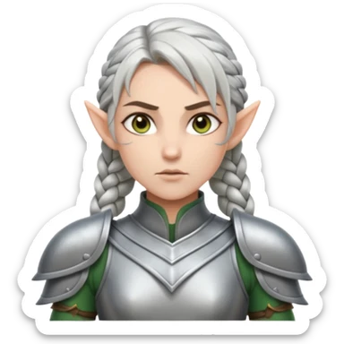 battle elf, tight braid, silver armor, fierce stare sticker