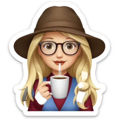 long hair blonde woman drink coffe with hat and glasses sticker