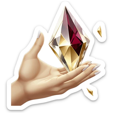 White pov hand outline gripping a shattered diamond prism, light shards projecting luxury items, deep burgundy (#4A0E27) and onyx (#000000) background with metallic gold (#FFD700) fractures, dramatic chiaroscuro lighting, edgy opulence sticker