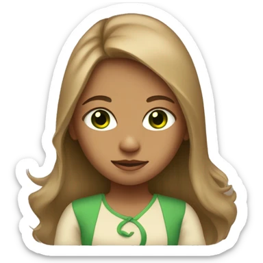 tan-skinned girl with long hair and green eyes and holding a baby sticker