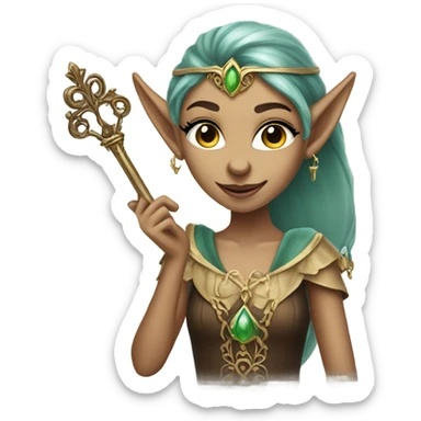 an elf woman login holding a big key sticker
