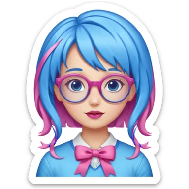 candy girl with very long blue-pink mixed candy hair with ribbon and no tattooes, with glassess sticker