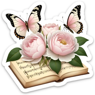 A charming antique music sheet, adorned with golden ink flourishes and pressed blush pink rose petals, resting beside a bouquet of fresh white peonies, while a pearl butterfly’s wings gently touch the delicate paper.
 sticker