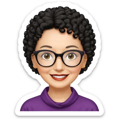 femme 70 ans cheveus noir bouclé attachés, lunettes rectangles noir yeux noir et sourrir sticker