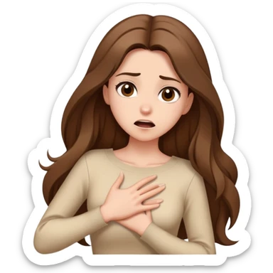 Girl with long brown hair making a dramatic gasp, hand on chest, elegant beige cartoon style sticker