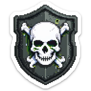 Shield badge with a skull and crossbones and a padlock symbol for cybersecurity, dark color scheme, dangerous looking sticker