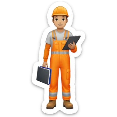 man wearing orange hi visibility overalls, boots holding a clipbaord sticker