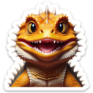 Cinematic Comical Bearded Dragon Portrait Emoji, Head tilted dramatically with an exaggeratedly amused expression, featuring a striking, glossy scaled hide with a quirky, spiky beard and wide, expressive eyes full of playful disbelief, Simplified yet hilariously expressive features, highly detailed, glowing with a slightly sassy glow, high shine, dramatic yet playful, stylized with an air of cheeky mischief, bright and endearing, soft glowing outline, capturing the essence of a spirited and over‐the‐top dragon, so meme‐worthy it feels like it could snap its jaws into internet fame instantly! sticker
