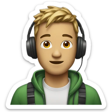 a guy with headphones and a mac sticker