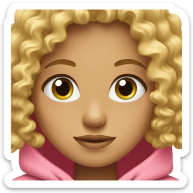 Curly girl hair with blonde hair and green eyes wearing a pink hoodie sticker