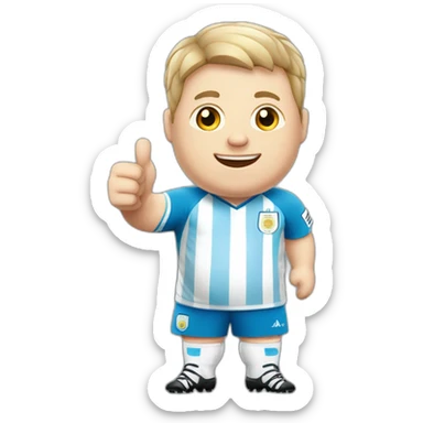 Short hair, obese white man play soccer. argentina uniform. Thumbs up  sticker