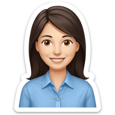 vit 50-årig kvinna med jättelångt mörkbrunt hår med vita slingor bruna ögon ljusblå skjorta med översta knappen uppknäppt sticker