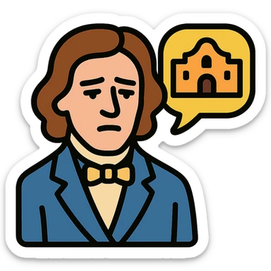 color outline icon style face of an 1800s person with a solemn, reflective expression, remembering the Alamo sticker