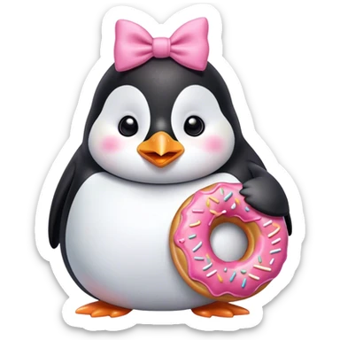 Cuddly, chubby cartoon penguin with a pink bow, eating a donut sticker