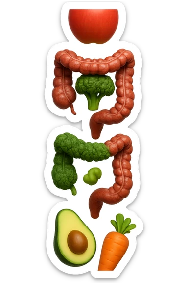emoji stile iphone in 3d di cibo sano che fluttua in aria vericalmente insieme ùa pezzi di colon umano anatomico, iperrealistico 4k sticker