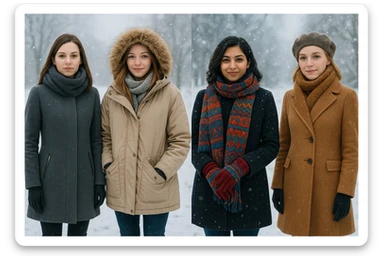 woman wearing winter coat, scarf and gloves, cold background, diverse styles sticker