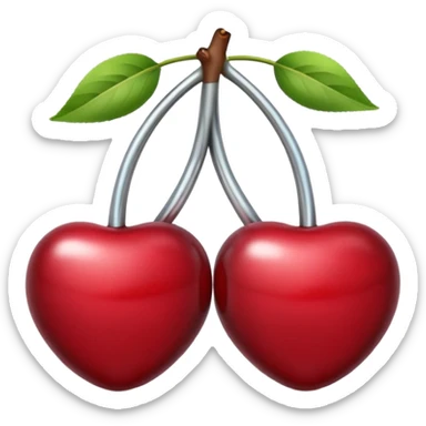 A pair of cherries emoji made of polished silver chrome, smooth rounded shapes, glossy metallic finish, soft highlights and reflections, cute proportions, iOS emoji style, centered, clean white background, no text sticker