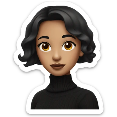 a girl with black hair and brown eyes is dressed in a black sweater with a cutout and nude makeup sticker
