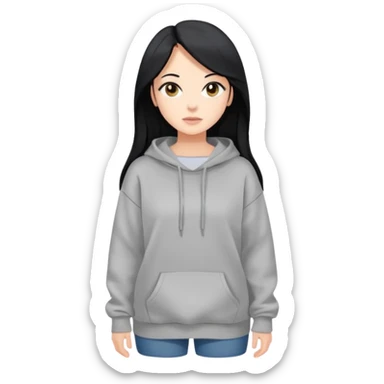 full-body female avatar, flat vector, long black hair, oversized sweatshirt, neutral background sticker