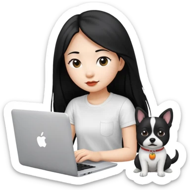 Blue back ground, Asian girl with long black hair , wearing a white t-shirt, working on an Apple laptop, next to her is a small black and white dog sticker