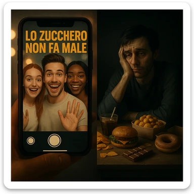 Symbolic split-screen: smiling influencers on a smartphone say in Italian 'LO ZUCCHERO NON FA MALE' with bright lights and filters; on the other side, a lonely and tired person surrounded by junk food, muted tones and deep shadows. Contrast between social media and reality, cinematic style, 4K quality. sticker