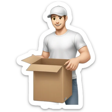 Pale skinned fit Man with dark brown hair in a white cap, gray jeans and gray polo T-shirt keeping a pasted box into his hands sticker