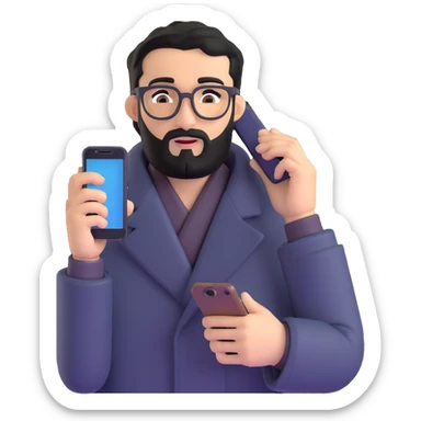 professional man with medium black beard, black hair combed to one side, connected unibrow, olive tan skin, brown eyes, glasses, prominent nose, wearing black coat, holding smartphone to ear in calling position, with subtle office background sticker