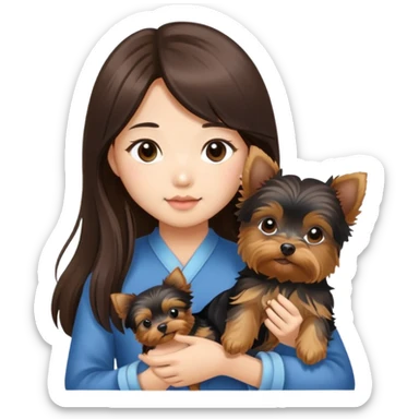 Brunette long hair asian girl with yorkie puppy sticker