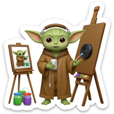 Baby Yoda in his brown robe listening music on his headphones, painting a picture on an easel and surrounded by paint pots. sticker
