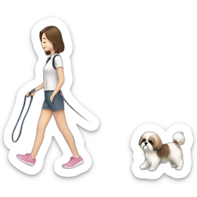 girl walking shih tzu on leash sticker
