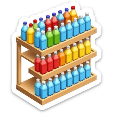 3D warehouse shelf with drinks bottles and products, 
organized retail shelves, colorful product packages, store inventory, 
transparent background, emoji style, realistic, isometric view sticker