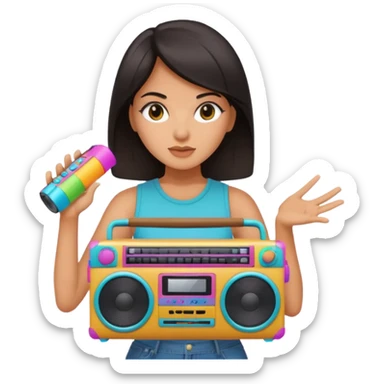 dar hair woman holding colorful boombox sticker