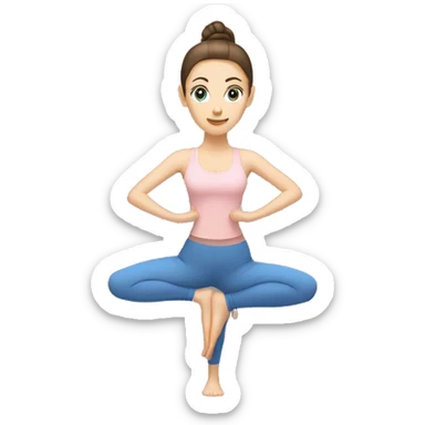 A White woman with blue eyes and brunette hair in a high ponytail doing yoga in beige and light pink sticker