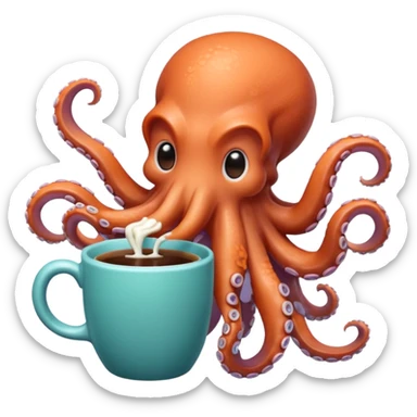 A cute chibi octopus sitting at a tiny desk, typing on a miniature keyboard with all eight arms while sipping coffee from a giant mug. Vibrant pastel colors, rounded edges, extremely expressive, sticker-style, transparent background. sticker