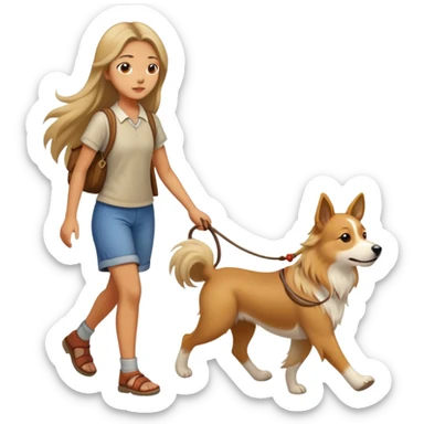 A long-haired girl walking a Chinese rural dog sticker