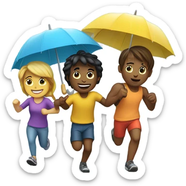 4 friends running and playing in the rain sticker
