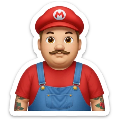 Fat guy with tattoos in overalls and a red shirt with a Mario hat sticker