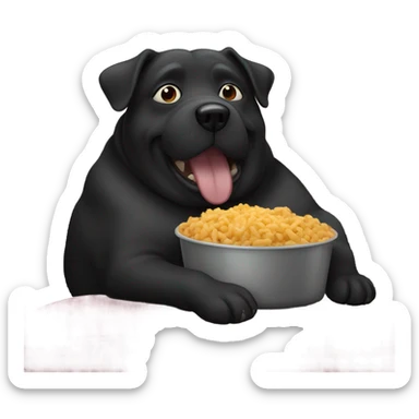 fat black dog sitting on a couch eating food sticker