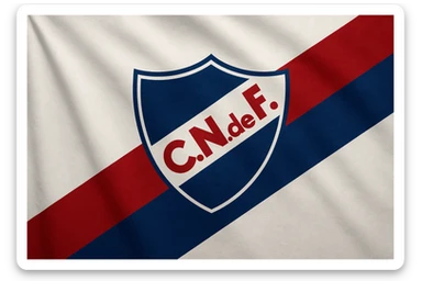 classic design flag of Club Nacional de Football, white background with diagonal blue and red stripe, club crest in the center, realistic style, no text sticker