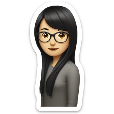 asian girl long black hair with glasses and curtain bangs with a computer sticker
