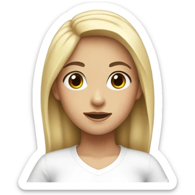 A girl with black hair and brown eyes, with blonde skin, in a white T-shirt sticker