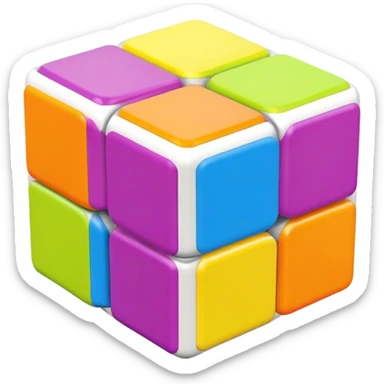 A 3x3 Rubik's Cube with candy-colored bright scheme: bubblegum pink, lemon yellow, bright blue raspberry, lime green, grape purple, tangerine orange, minimalist iOS emoji style sticker
