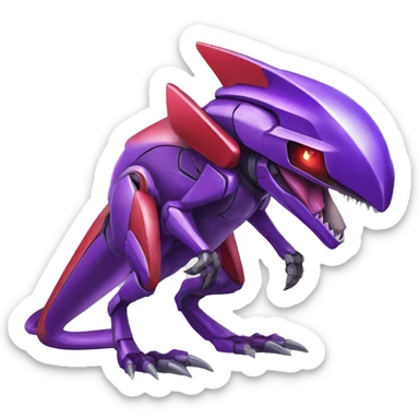 a shiny purple-green-red Genesect-Raptor-Fakémon—hybrid with a futuristic visor-helmet full body sticker