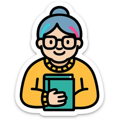 Gen Z style librarian granny with colorful hair streaks, trendy glasses, oversized sweater, holding a book, color outline icon sticker