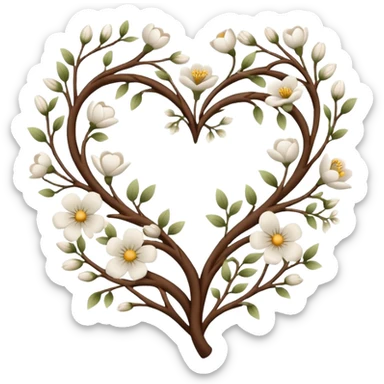Natural cottage core aesthetic minimal flower branches in a twisty heart shape sticker